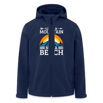 Hiking and climbing in the mountains - Men’s Recycled Softshell Jacket by Stanley/Stella - navy - Front - AI Model Male 185 light (185cm)