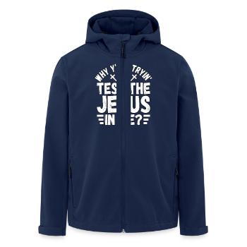 Warum versucht ihr alle, den Jesus in mir zu testen? - Recycelte Männer Softshell-Jacke von Stanley/Stella - Navy - Vorne - AI Model Male 185 light (185cm)