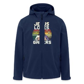 Jesus Loves Gamer Colorful Retro Art With - Men’s Recycled Softshell Jacket by Stanley/Stella - navy - Front - AI Model Male 185 light (185cm)