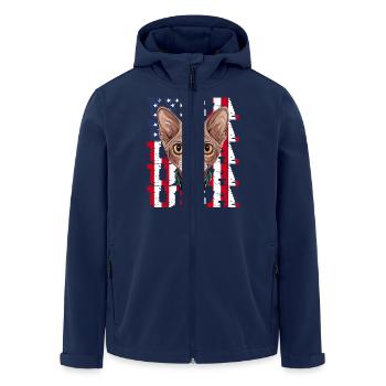 USA Chat Sphynx devant le drapeau - Veste softshell homme en polyester recyclé Stanley/Stella - marine - Devant - AI Model Male 185 light (185cm)