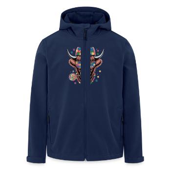Colorful puzzle cow motif with heart glasses and - Men’s Recycled Softshell Jacket by Stanley/Stella - navy - Front - AI Model Male 185 light (185cm)