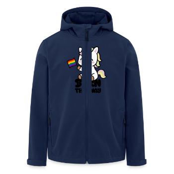Kleines Einhorn mit Regenbogenfahne "Born this Way - Recycelte Männer Softshell-Jacke von Stanley/Stella - Navy - Vorne - AI Model Male 185 light (185cm)