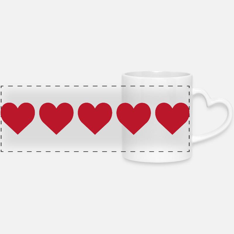 Red hearts in minimalist pattern - Panoramic mug with heart handle - white