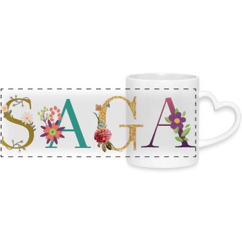SAGA Name mit Blumen geschmückt - Panoramatasse mit Herzhenkel - Weiß - Vorne