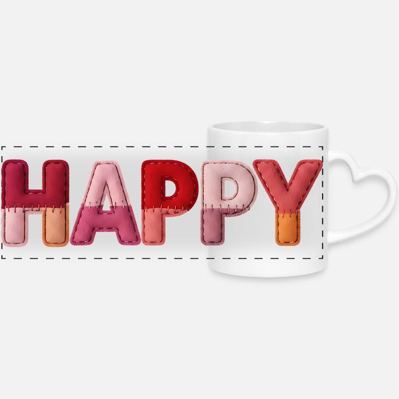 Happy Fabric Look Typography Trend - Panoramic mug with heart handle - white