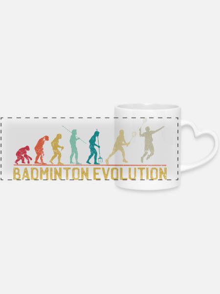 Badminton Evolution Zeitleiste Design - Panoramatasse mit Herzhenkel - Weiß