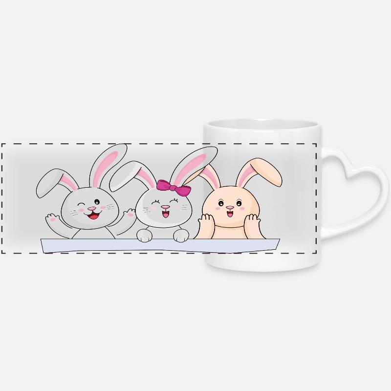 Trio de lapins heureux - Mug panoramique avec anse en forme de cœur - blanc