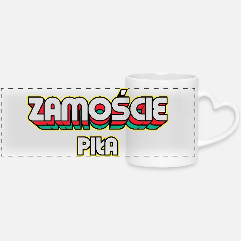 Zamość Piła. Name des Retro-Bezirks - Panoramatasse mit Herzhenkel - Weiß