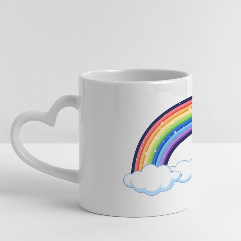 Lebendiger Regenbogen über den Wolken Panoramatasse mit Herzhenkel
