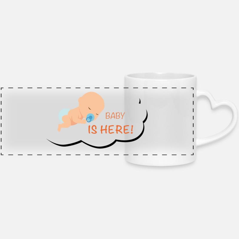 Baby is here - Panoramic mug with heart handle - white
