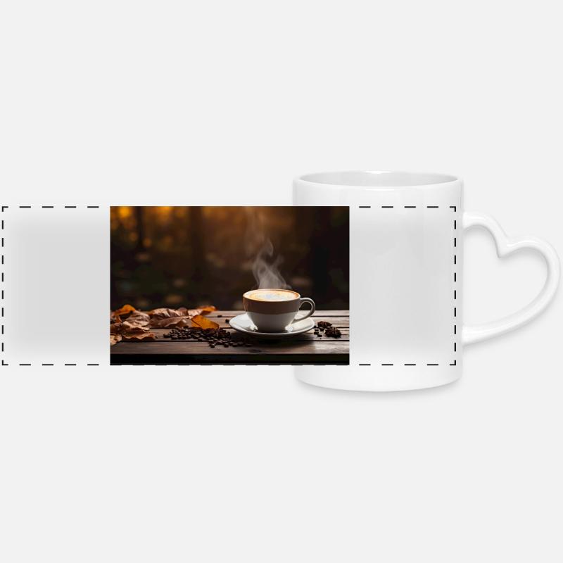 Autumn coffee - Panoramic mug with heart handle - white