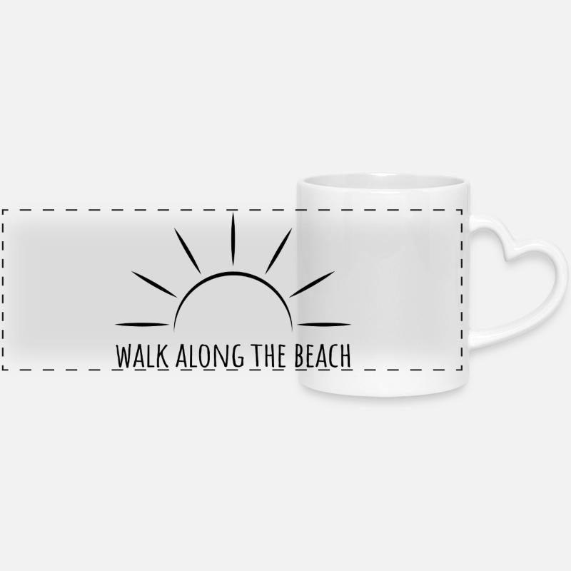 Walk along the beach black - Minimal Design - Panoramic mug with heart handle - white