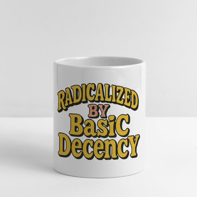 Radicalized by Basic Decency Panoramic mug with heart handle