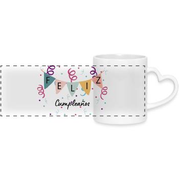Feierlaune mit Wimpelkette - Felix Cumpleanos  - Panoramatasse mit Herzhenkel - Weiß - Vorne