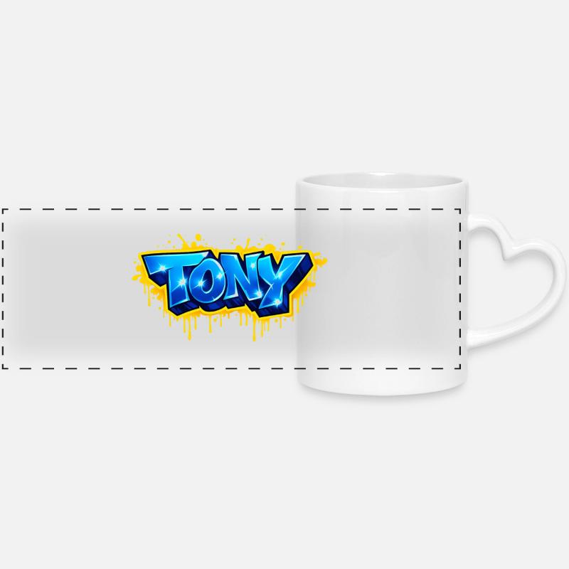 Graffiti name TONY FOR PERFECT GIFT PRINTABLE - Panoramic mug with heart handle - white