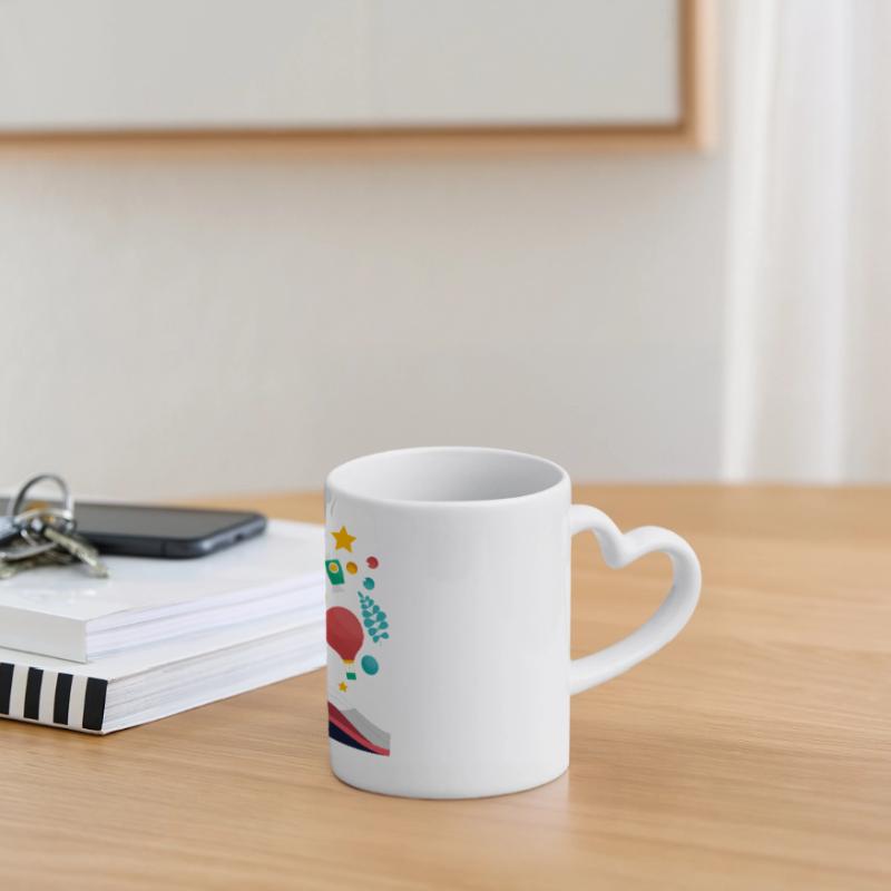 Open Book with School Objects, Learning and Educat Panoramic mug with heart handle
