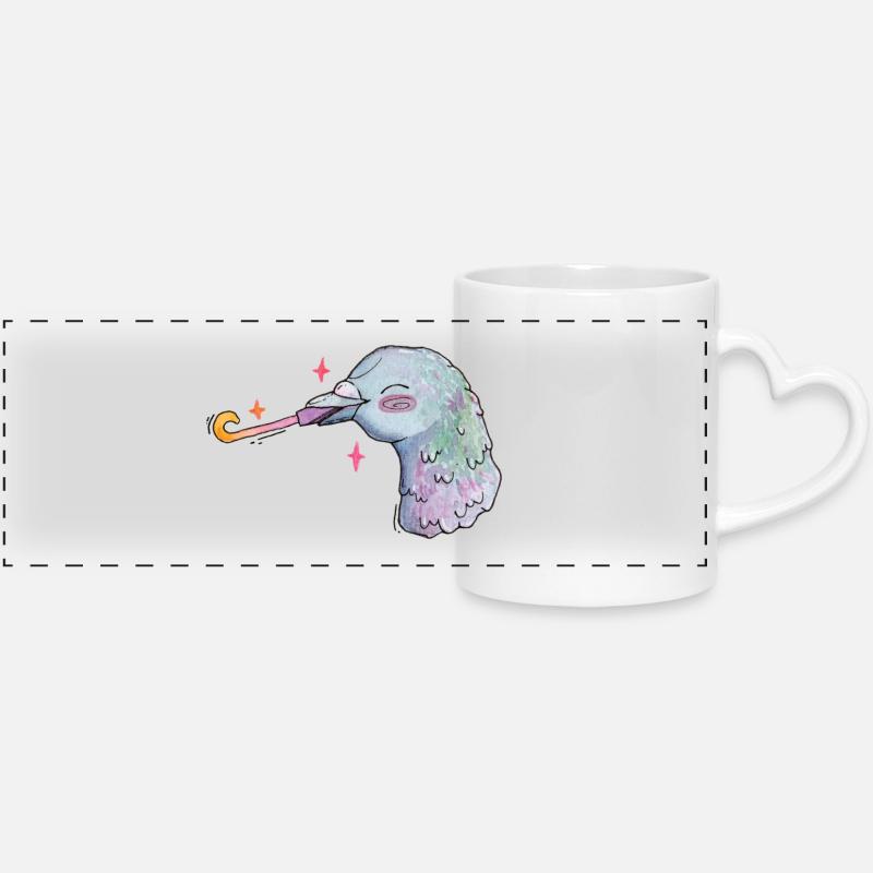 Watercolor Dove Birthday with Stars and Toad - Panoramic mug with heart handle - white