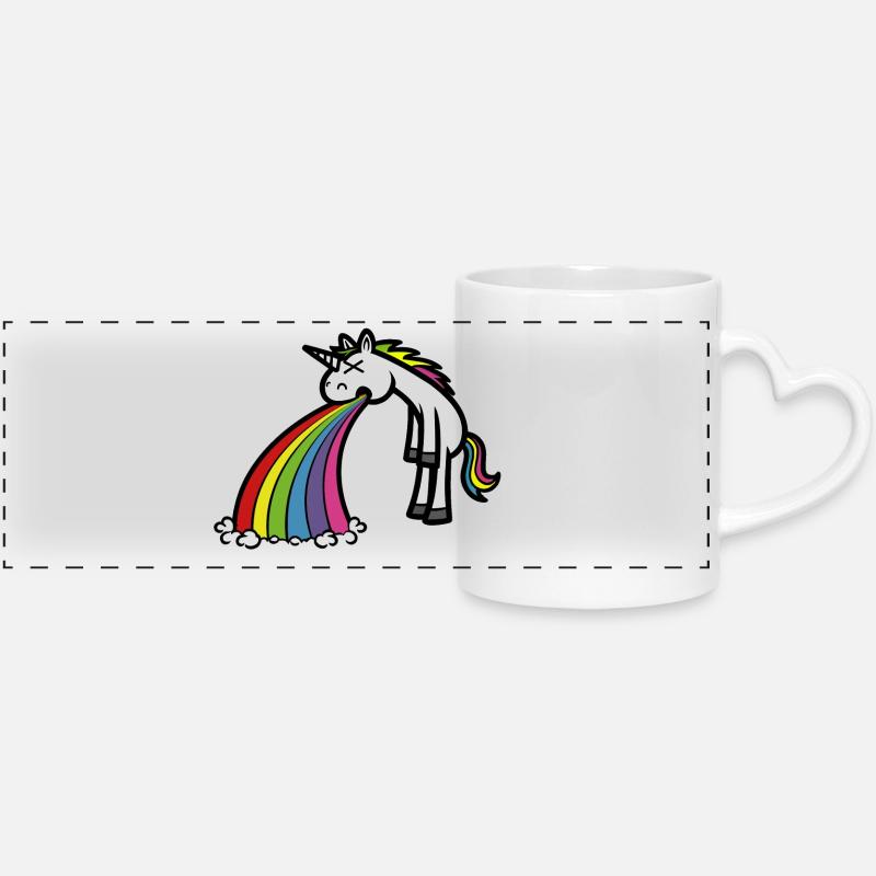 Funny Unicorn Puking Rainbow Cartoon - Panoramic mug with heart handle - white