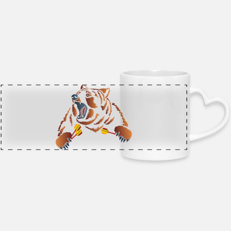 Angry brown bear with darts - Panoramic mug with heart handle - white