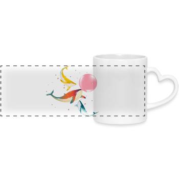 three colorful shimmering whales with bubblegum - Panoramic mug with heart handle - white - Front