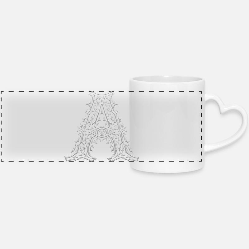 Letter A with silver arabesques - Panoramic mug with heart handle - white
