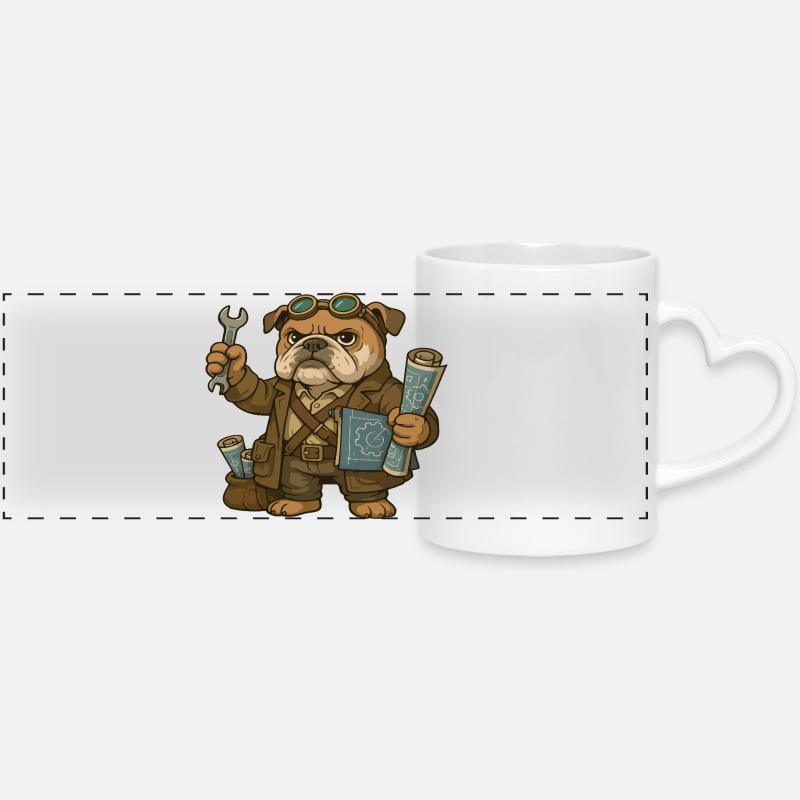 Bulldog ingénieur avec clé à molette et plans - Mug panoramique avec anse en forme de cœur - blanc