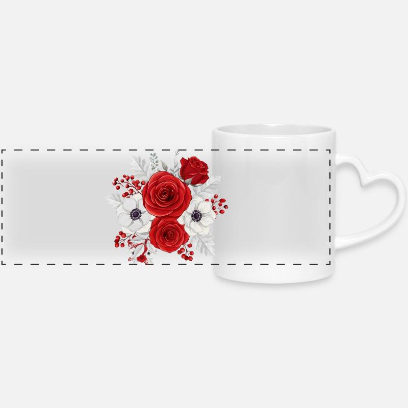 Red and White Floral Bouquet - Panoramic mug with heart handle - white