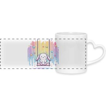 Pastellhäschen auf Schaukel Regenbogen - Panoramatasse mit Herzhenkel - Weiß - Vorne