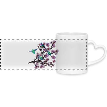 Hummingbird in different perspectives, almond blossoms - Panoramic mug with heart handle - white - Front