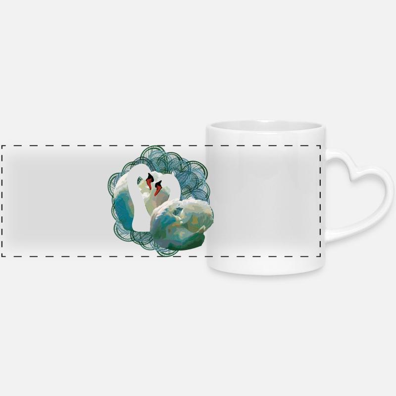 Elegant pair of swans with river motifs - Panoramic mug with heart handle - white