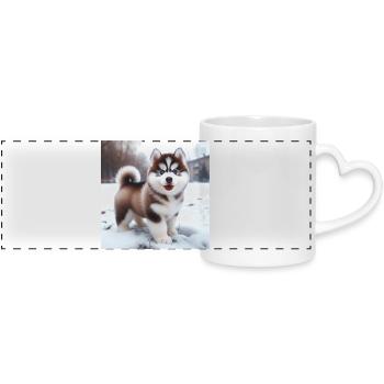 Chiot husky sibérien dans la neige - Mug panoramique avec anse en forme de cœur - blanc - Devant