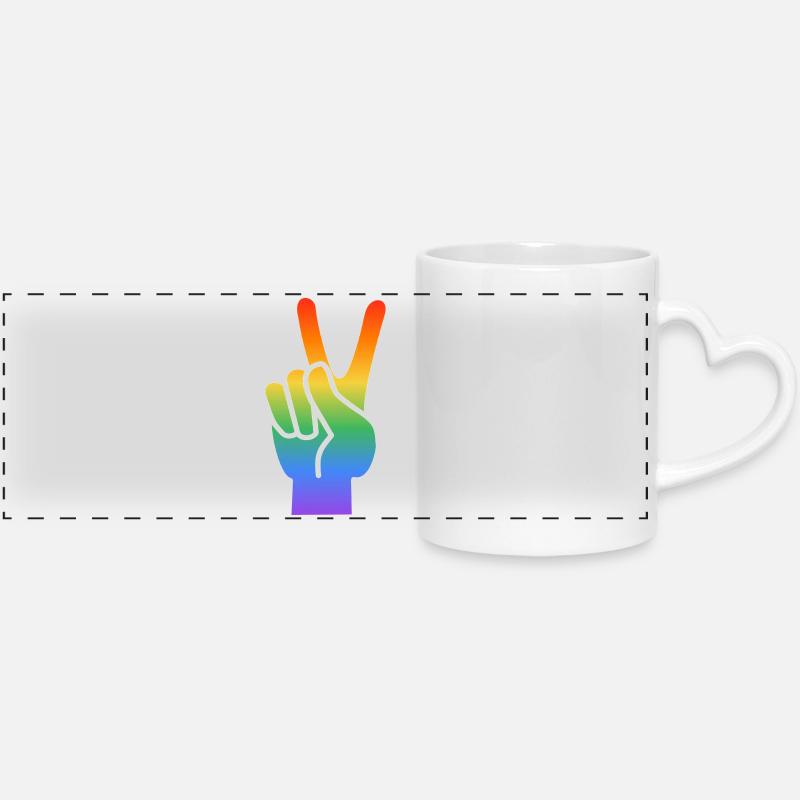 Rainbow Peace Hand Sign - Panoramic mug with heart handle - white