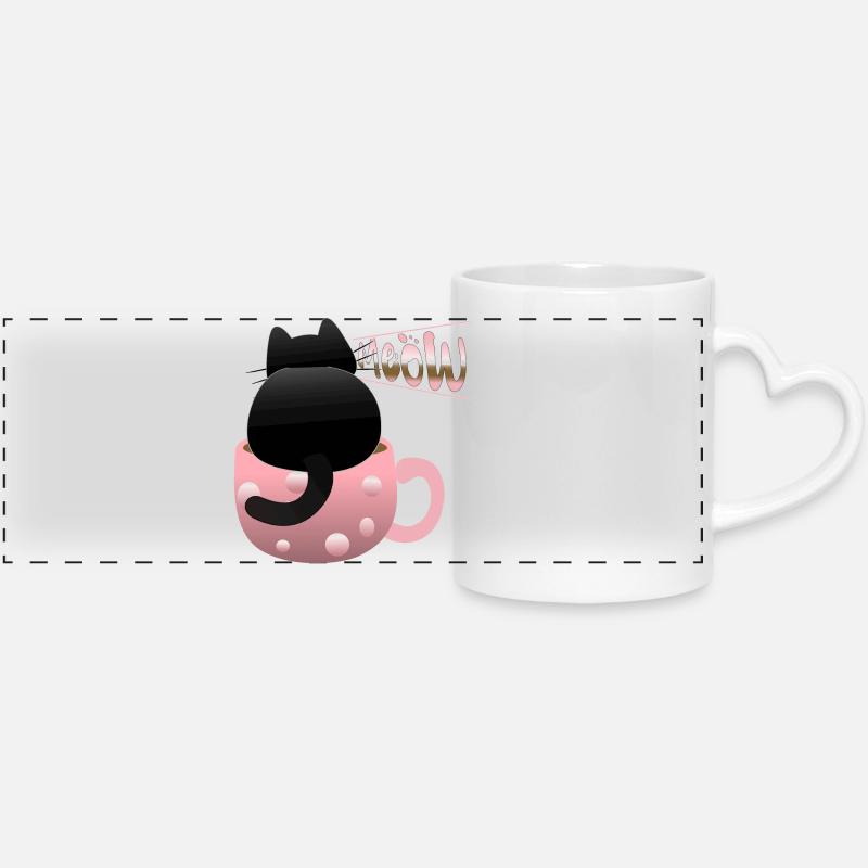cute black cat meowing - Panoramic mug with heart handle - white