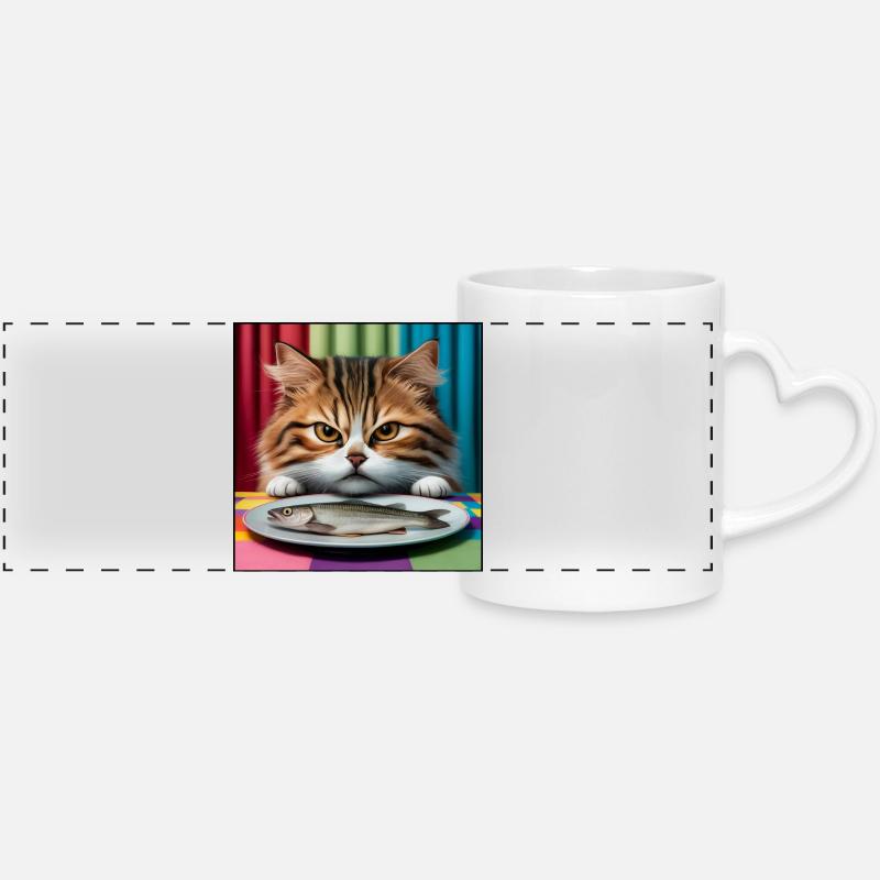 Cat with fish - Panoramic mug with heart handle - white