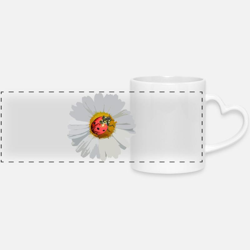 Daisies with Ladybug Motif - Panoramic mug with heart handle - white