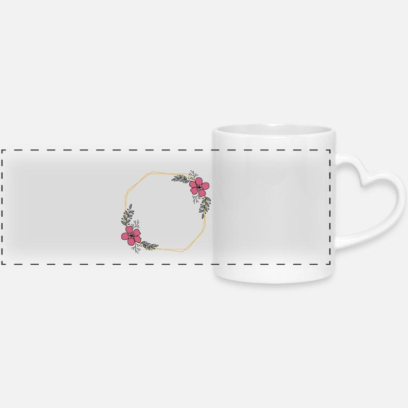 Octogone jaune doré - Fleurs rouges et feuilles vertes - Mug panoramique avec anse en forme de cœur - blanc