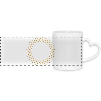 Ring-shaped, golden dot pattern - Panoramic mug with heart handle - white - Front