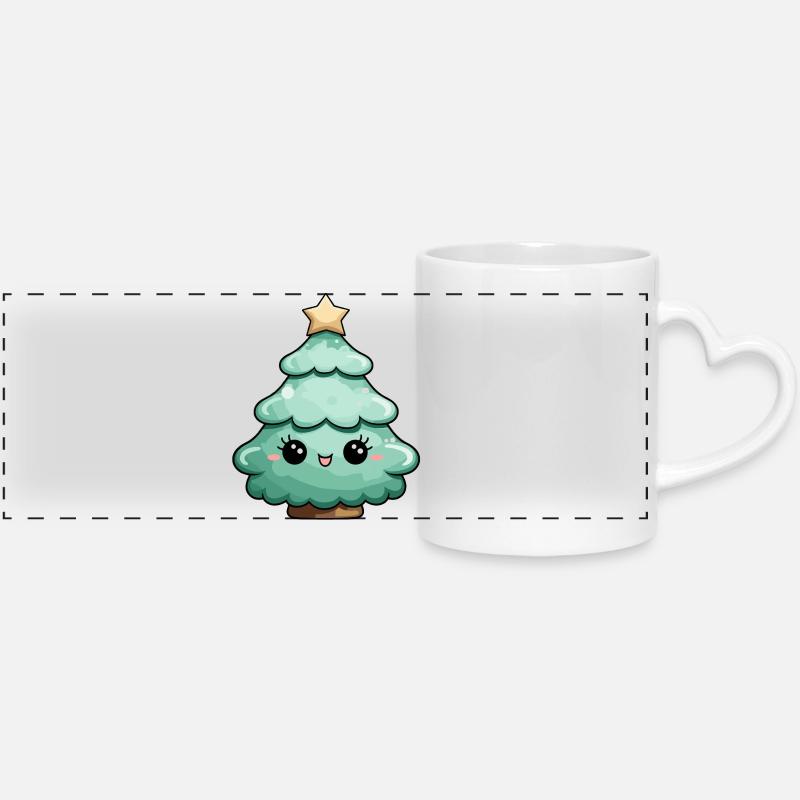 Cute Cartoon Christmas Tree with Star - Panoramic mug with heart handle - white