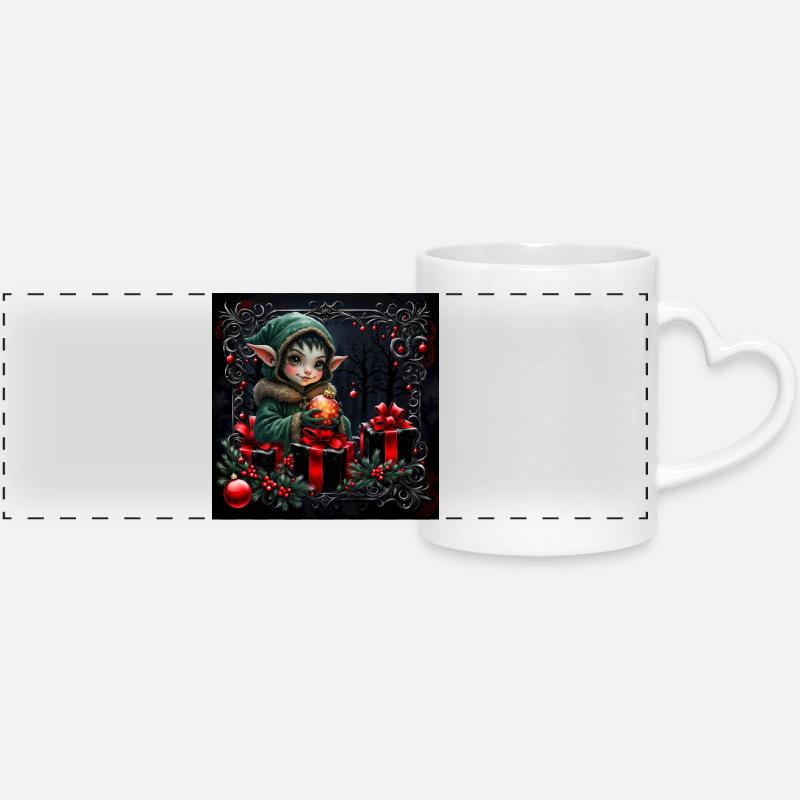 Christmas elf in festive scene - Panoramic mug with heart handle - white