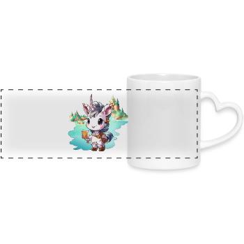 Kleiner Unicorn mit Buch am See - Panoramatasse mit Herzhenkel - Weiß - Vorne