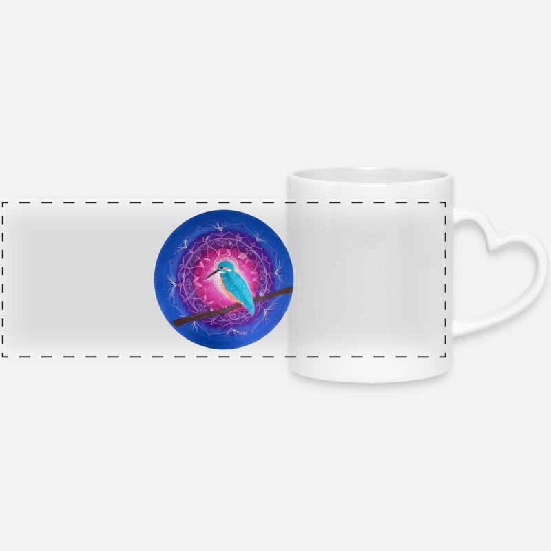 Mystical Kingfisher with Mandala - Panoramic mug with heart handle - white
