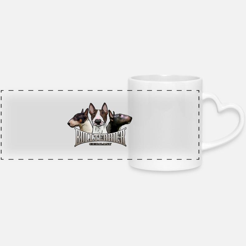 Bull Terrier Trio with Lettering - Panoramic mug with heart handle - white