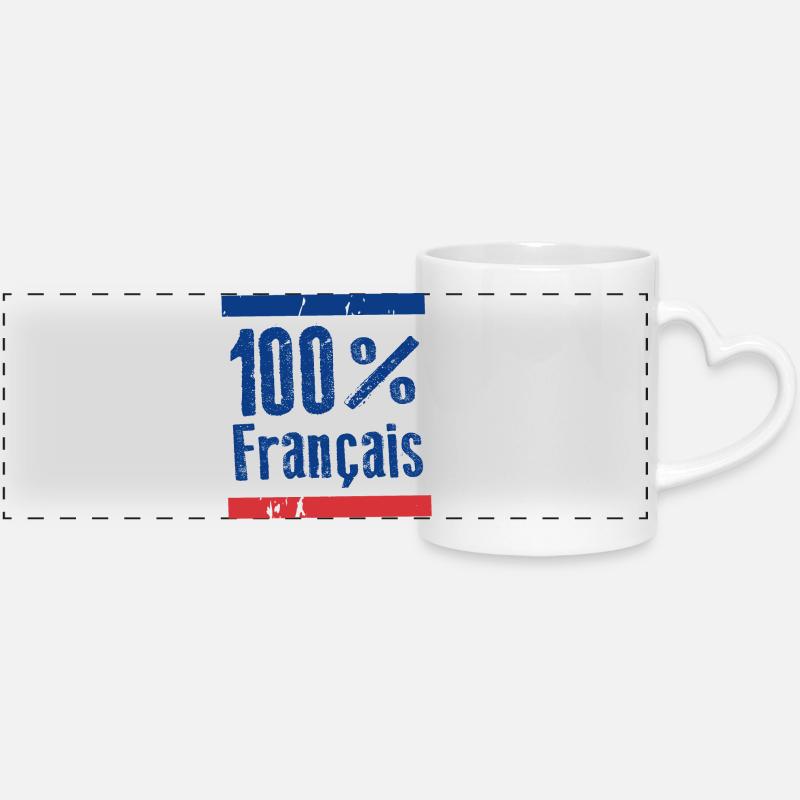 100% French, blue, white, red - Panoramic mug with heart handle - white