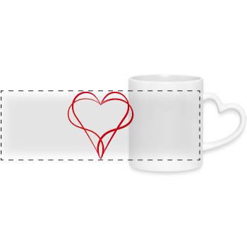 Two red hearts tightly intertwined - Panoramic mug with heart handle - white - Front