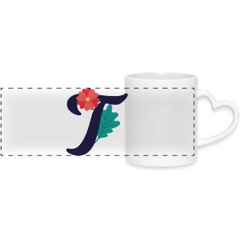 Elegant letter 'T' with flowers - Panoramic mug with heart handle - white - Front