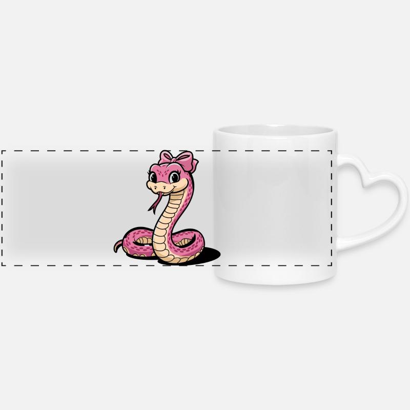 Pink Bow Snake Cartoon - Panoramic mug with heart handle - white