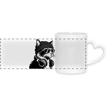 Cat DJ Cosy Black Knit - Panoramic mug with heart handle - white - Front