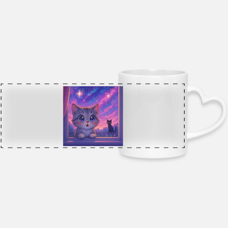 Kosmische Katze mit Sternenaugen - Panoramatasse mit Herzhenkel - Weiß
