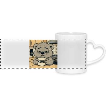 Müder Waschbär mit Kaffeemotiv - Panoramatasse mit Herzhenkel - Weiß - Vorne