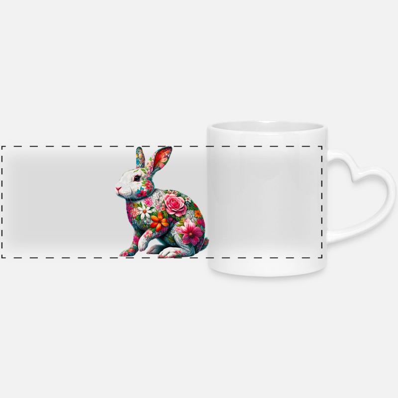 Rabbit decorated with flowers - Panoramic mug with heart handle - white